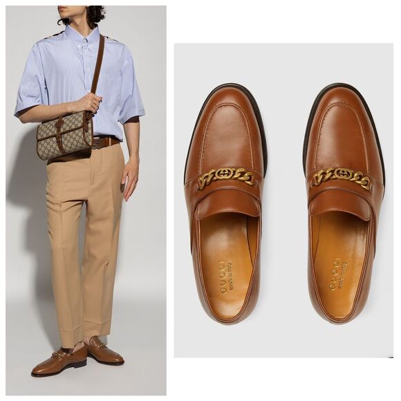 Gucci Chain Interlocking GG 10/ 10.5 US Loafer Brown Italian Leather Shoe NIB - Picture 3 of 13